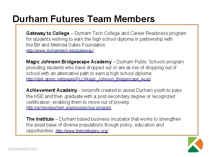 Durham Futures Team Members Gateway to College – Durham Tech College and Career Readiness