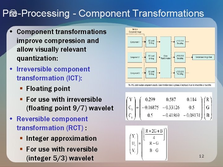 Pre-Processing - Component Transformations • Component transformations improve compression and allow visually relevant quantization: Pre-Processing - Component Transformations • Component transformations improve compression and allow visually relevant quantization: