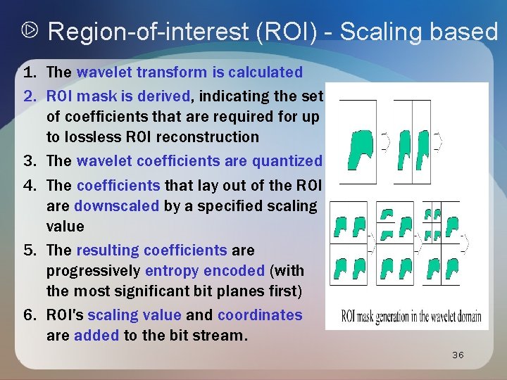 Region-of-interest (ROI) - Scaling based 1. The wavelet transform is calculated 2. ROI mask Region-of-interest (ROI) - Scaling based 1. The wavelet transform is calculated 2. ROI mask
