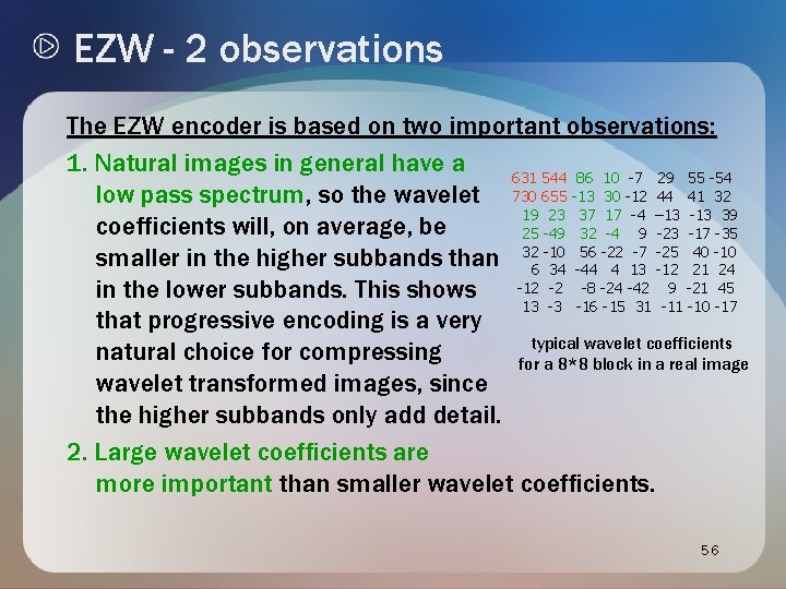 EZW - 2 observations The EZW encoder is based on two important observations: 1. EZW - 2 observations The EZW encoder is based on two important observations: 1.
