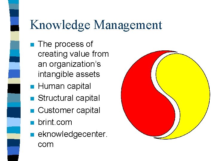 Knowledge Management n n n The process of creating value from an organization’s intangible