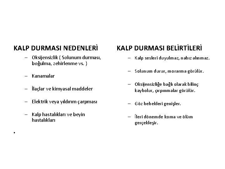 KALP DURMASI NEDENLERİ – Oksijensizlik ( Solunum durması, boğulma, zehirlenme vs. ) – Kanamalar