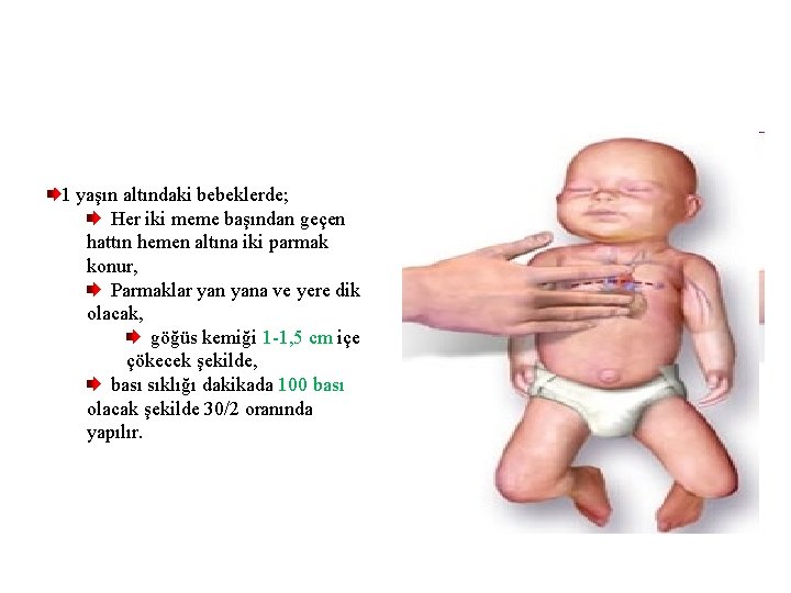 1 yaşın altındaki bebeklerde; Her iki meme başından geçen hattın hemen altına iki parmak