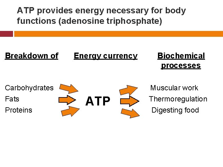 ATP provides energy necessary for body functions (adenosine triphosphate) Breakdown of Energy currency Biochemical