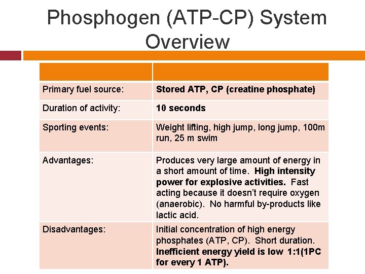 Phosphogen (ATP-CP) System Overview Primary fuel source: Stored ATP, CP (creatine phosphate) Duration of