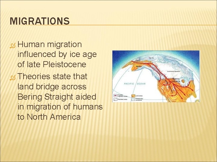MIGRATIONS Human migration influenced by ice age of late Pleistocene Theories state that land MIGRATIONS Human migration influenced by ice age of late Pleistocene Theories state that land