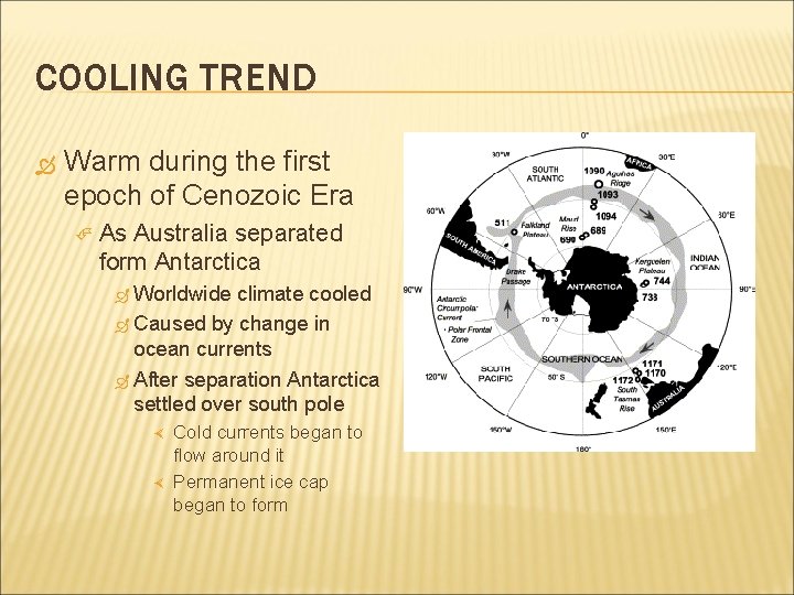 COOLING TREND Warm during the first epoch of Cenozoic Era As Australia separated form COOLING TREND Warm during the first epoch of Cenozoic Era As Australia separated form