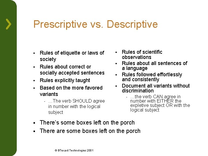 Prescriptive vs. Descriptive Rules of etiquette or laws of society § Rules about correct