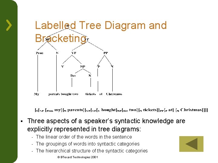 Labelled Tree Diagram and Bracketing § Three aspects of a speaker’s syntactic knowledge are