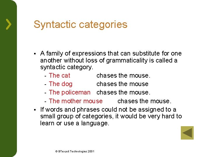 Syntactic categories A family of expressions that can substitute for one another without loss