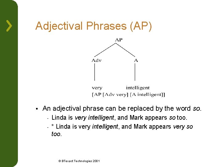 Adjectival Phrases (AP) § An adjectival phrase can be replaced by the word so.