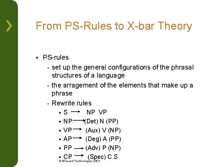 From PS-Rules to X-bar Theory § PS-rules - set up the general configurations of