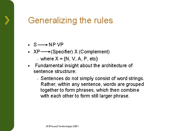 Generalizing the rules S NP VP § XP (Specifier) X (Complement) - where X