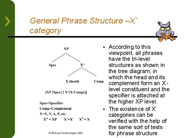 General Phrase Structure –X’ category According to this viewpoint, all phrases have the tri-level