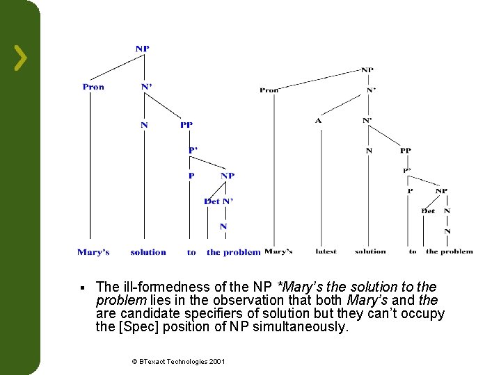 § The ill-formedness of the NP *Mary’s the solution to the problem lies in