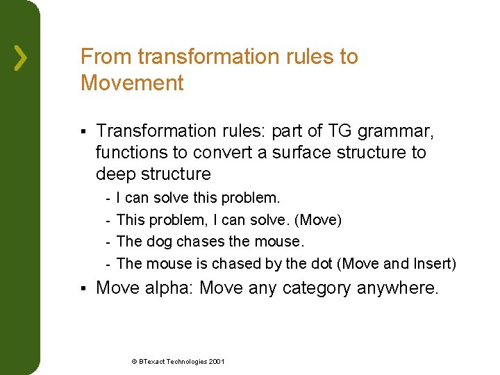 From transformation rules to Movement § Transformation rules: part of TG grammar, functions to