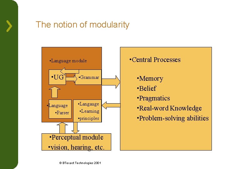 The notion of modularity • Language module • UG • Grammar • Language •