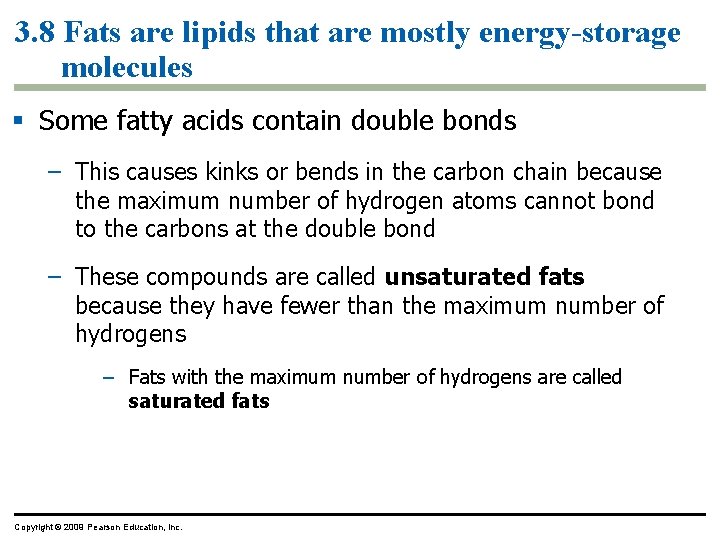 3. 8 Fats are lipids that are mostly energy-storage molecules § Some fatty acids