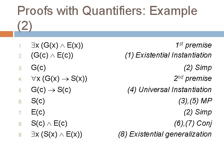 Proofs with Quantifiers: Example (2) 1. 2. 3. 4. 5. 6. 7. 8. 9.