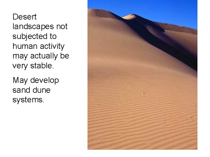 Desert landscapes not subjected to human activity may actually be very stable. May develop Desert landscapes not subjected to human activity may actually be very stable. May develop