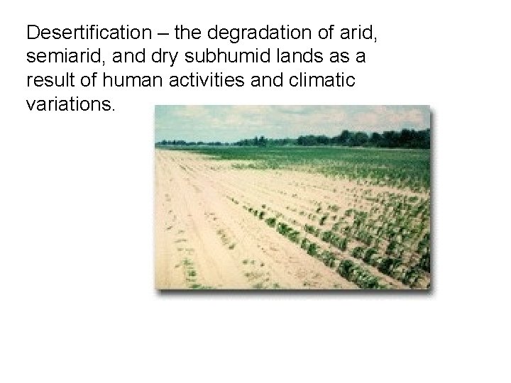 Desertification – the degradation of arid, semiarid, and dry subhumid lands as a result Desertification – the degradation of arid, semiarid, and dry subhumid lands as a result