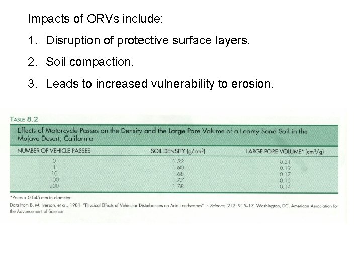 Impacts of ORVs include: 1. Disruption of protective surface layers. 2. Soil compaction. 3. Impacts of ORVs include: 1. Disruption of protective surface layers. 2. Soil compaction. 3.