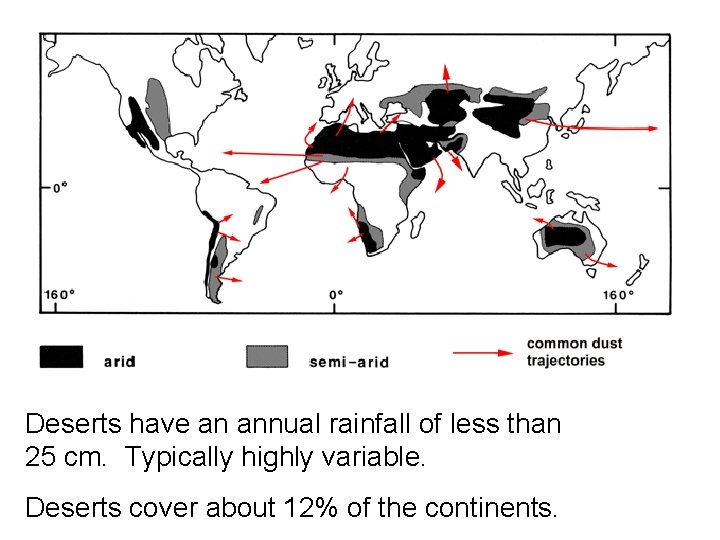 Deserts have an annual rainfall of less than 25 cm. Typically highly variable. Deserts Deserts have an annual rainfall of less than 25 cm. Typically highly variable. Deserts