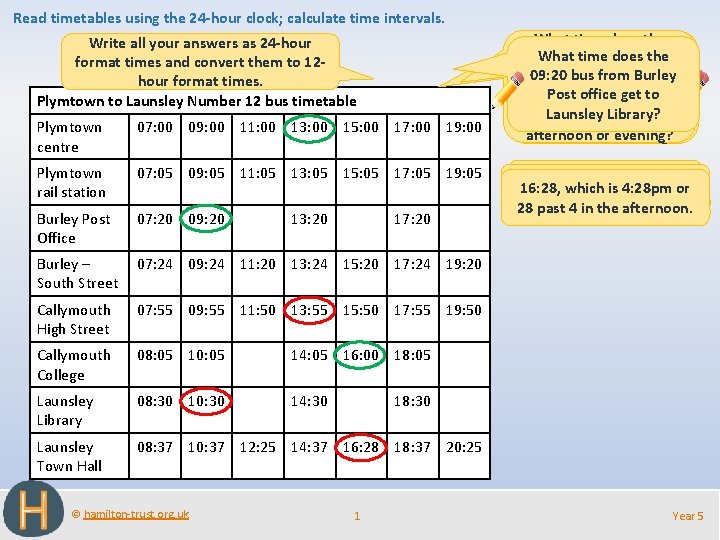 Read timetables using the 24 -hour clock; calculate time intervals. Write all your answers