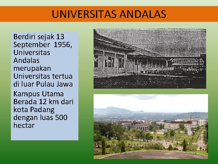 UNIVERSITAS ANDALAS Berdiri sejak 13 September 1956, Universitas Andalas merupakan Universitas tertua di luar