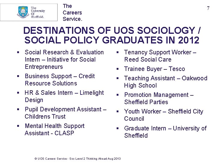 The Careers Service. 7 DESTINATIONS OF UOS SOCIOLOGY / SOCIAL POLICY GRADUATES IN 2012