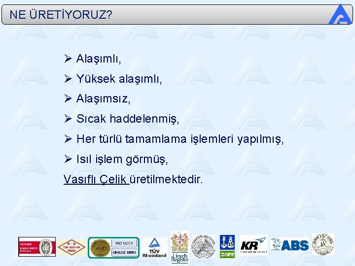  NE ÜRETİYORUZ? Ø Alaşımlı, Ø Yüksek alaşımlı, Ø Alaşımsız, Ø Sıcak haddelenmiş, Ø