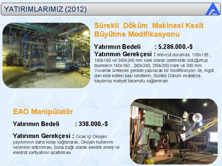 YATIRIMLARIMIZ (2012) Sürekli Döküm Makinesi Kesit Büyütme Modifikasyonu Yatırımın Bedeli : 5. 286. 000.