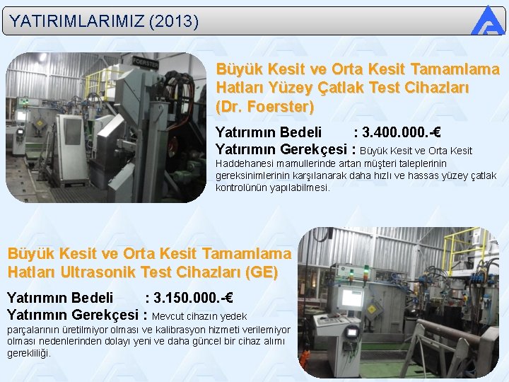 YATIRIMLARIMIZ (2013) Büyük Kesit ve Orta Kesit Tamamlama Hatları Yüzey Çatlak Test Cihazları (Dr.