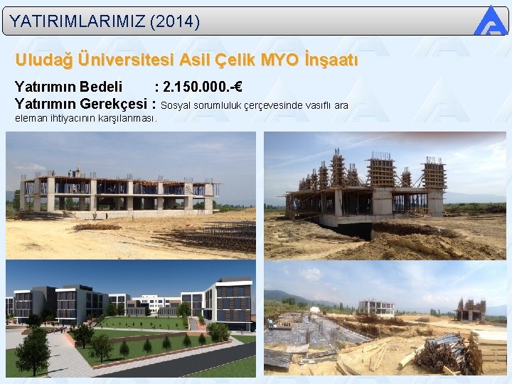 YATIRIMLARIMIZ (2014) Uludağ Üniversitesi Asil Çelik MYO İnşaatı Yatırımın Bedeli : 2. 150. 000.