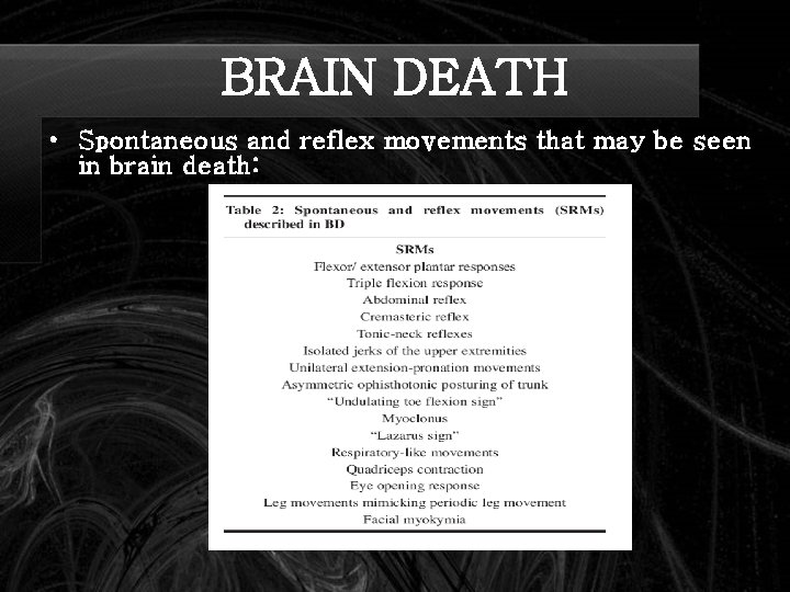 BRAIN DEATH • Spontaneous and reflex movements that may be seen in brain death: