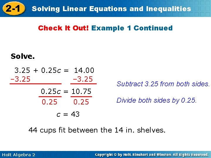2 -1 Solving Linear Equations and Inequalities Check It Out! Example 1 Continued Solve.
