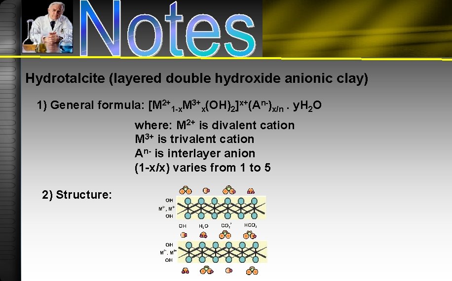 Hydrotalcite (layered double hydroxide anionic clay) 1) General formula: [M 2+1 -x. M 3+x(OH)2]x+(An-)x/n.