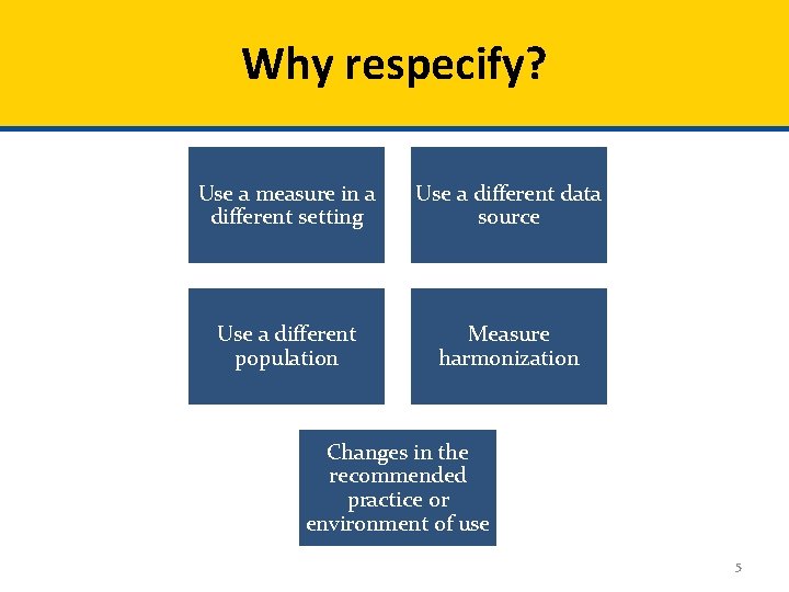 Why respecify? Use a measure in a different setting Use a different data source