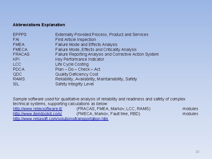 Abbreviations Explanation EPPPS FAI FMEA FMECA FRACAS KPI LCC PDCA QDC RAMS SIL Externally Abbreviations Explanation EPPPS FAI FMEA FMECA FRACAS KPI LCC PDCA QDC RAMS SIL Externally