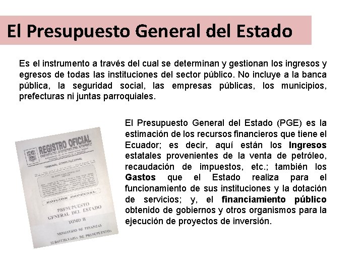 El Presupuesto General del Estado Es el instrumento a través del cual se determinan