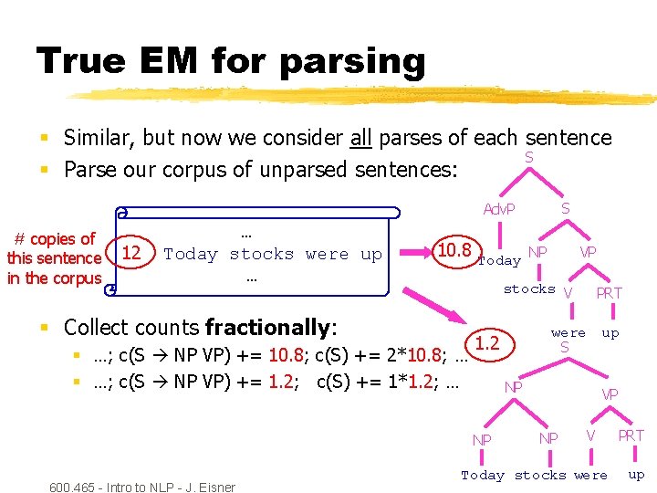 True EM for parsing § Similar, but now we consider all parses of each