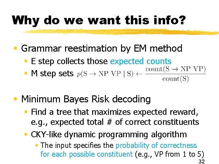 Why do we want this info? § Grammar reestimation by EM method § E