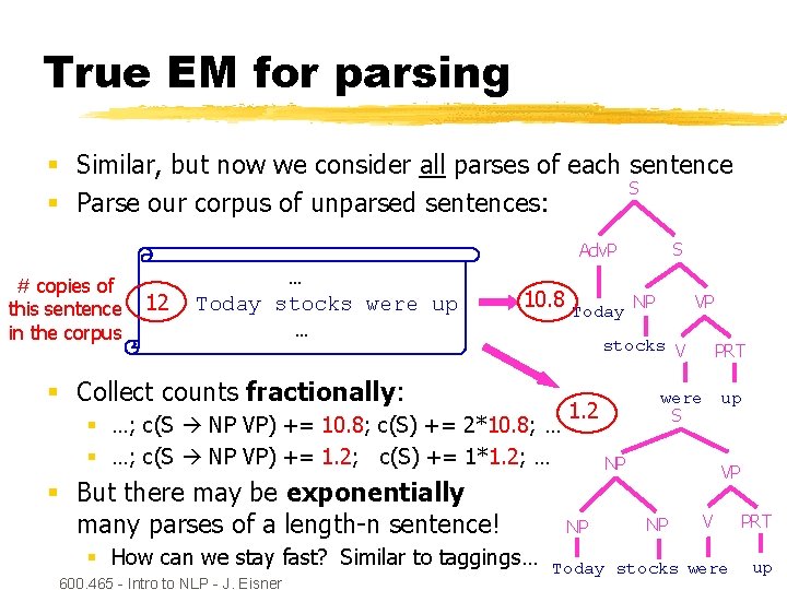 True EM for parsing § Similar, but now we consider all parses of each