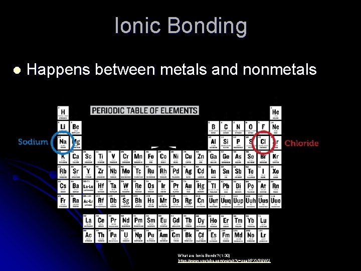 Ionic Bonding l Happens between metals and nonmetals What are Ionic Bonds? (1: 30)