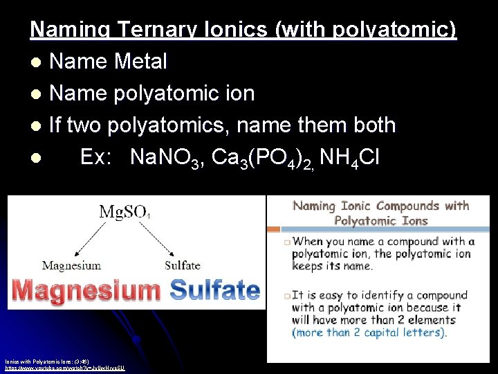 Naming Ternary Ionics (with polyatomic) l Name Metal l Name polyatomic ion l If