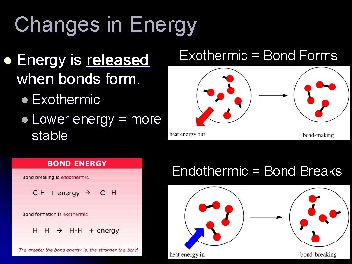 Changes in Energy l Energy is released when bonds form. Exothermic = Bond Forms