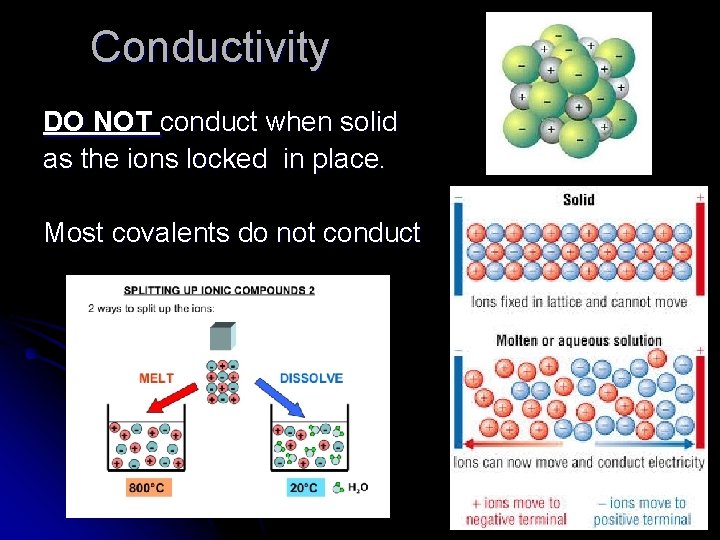 Conductivity DO NOT conduct when solid as the ions locked in place. Most covalents