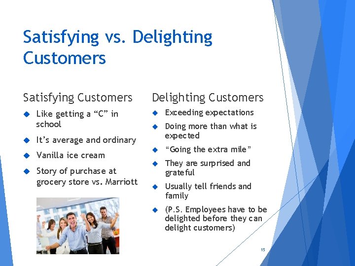 Satisfying vs. Delighting Customers Satisfying Customers Like getting a “C” in school It’s average