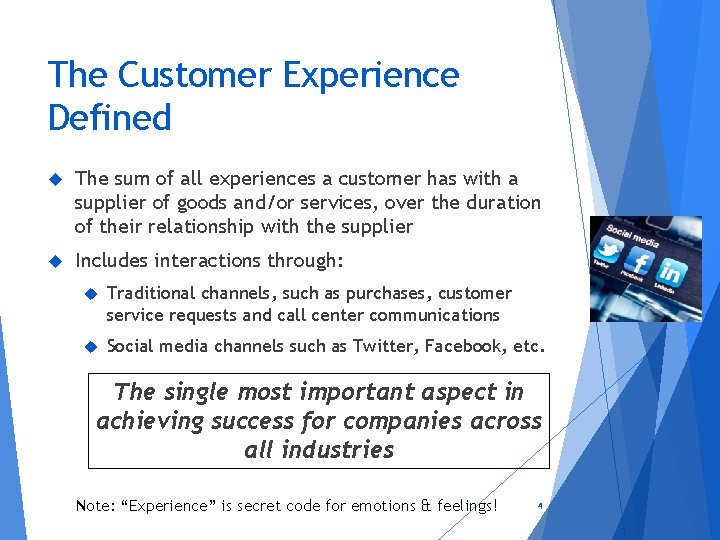 The Customer Experience Defined The sum of all experiences a customer has with a