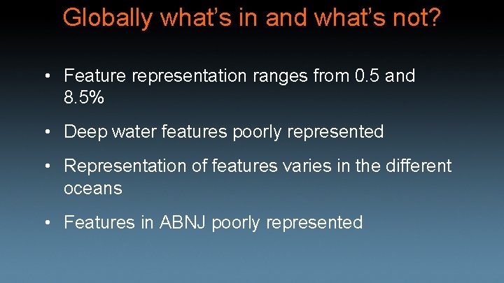 Globally what’s in and what’s not? • Feature representation ranges from 0. 5 and